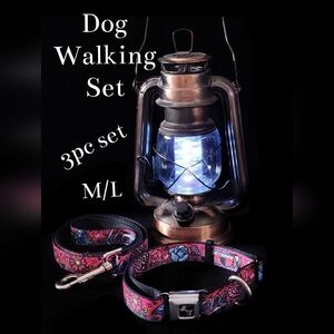 BN (M/L) 3pc Dog Walk Set. 2pc Match leash/collar w/seatbelt clip & batt op lamp